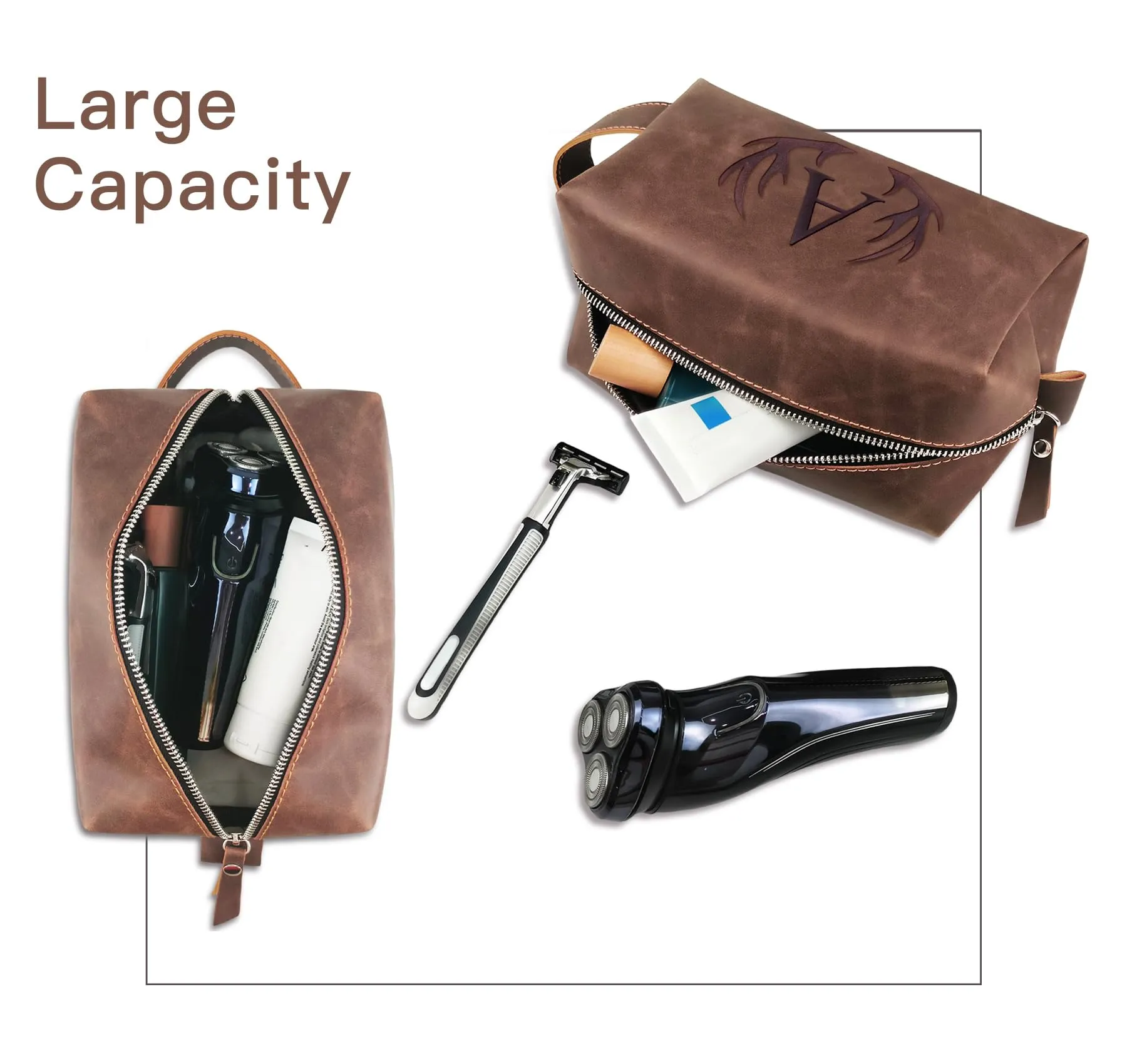 Aganmi Mens Toiletry Bag Personalized Christmas Thanksgiving Birthday Gifts for Men Initial PU Leather Waterproof Shaving Bag for Toiletries Accessories Travel Essential for Dad Husband Boyfriend (M)