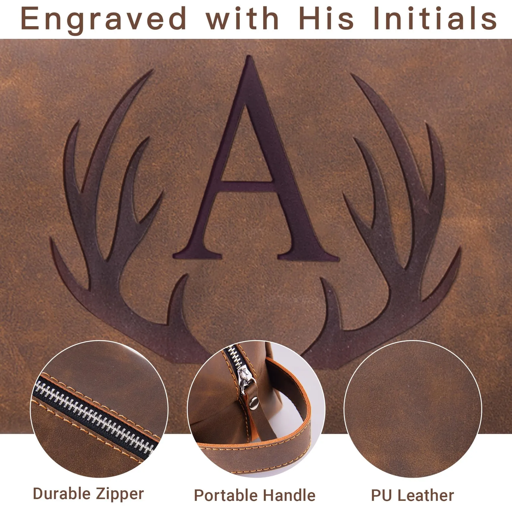 Aganmi Mens Toiletry Bag Personalized Christmas Thanksgiving Birthday Gifts for Men Initial PU Leather Waterproof Shaving Bag for Toiletries Accessories Travel Essential for Dad Husband Boyfriend (M)