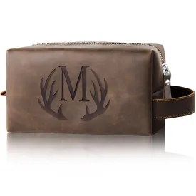 Aganmi Mens Toiletry Bag Personalized Christmas Thanksgiving Birthday Gifts for Men Initial PU Leather Waterproof Shaving Bag for Toiletries Accessories Travel Essential for Dad Husband Boyfriend (M)