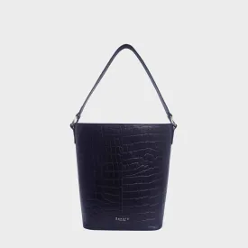 'AMELIA' Navy Real Croc Leather Large Capacity Bucket Bag