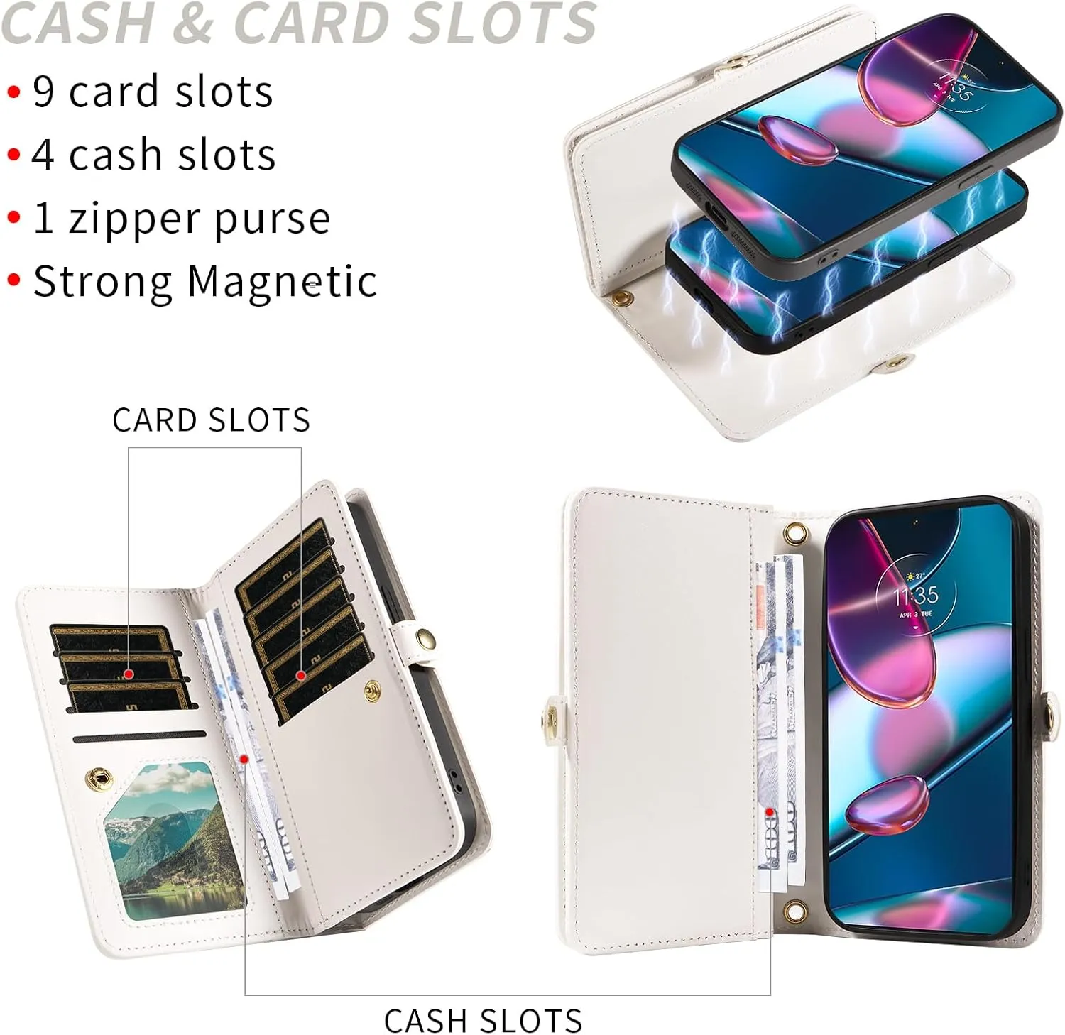 Asuwish Phone Case for Motorola Edge  Plus 2022/Edge X30/30 Pro Zipper Wallet Detachable Cell Cover with Screen Protector Crossbody Strap Bling Flip Credit Card Holder Moto Edge   5G UW Women White