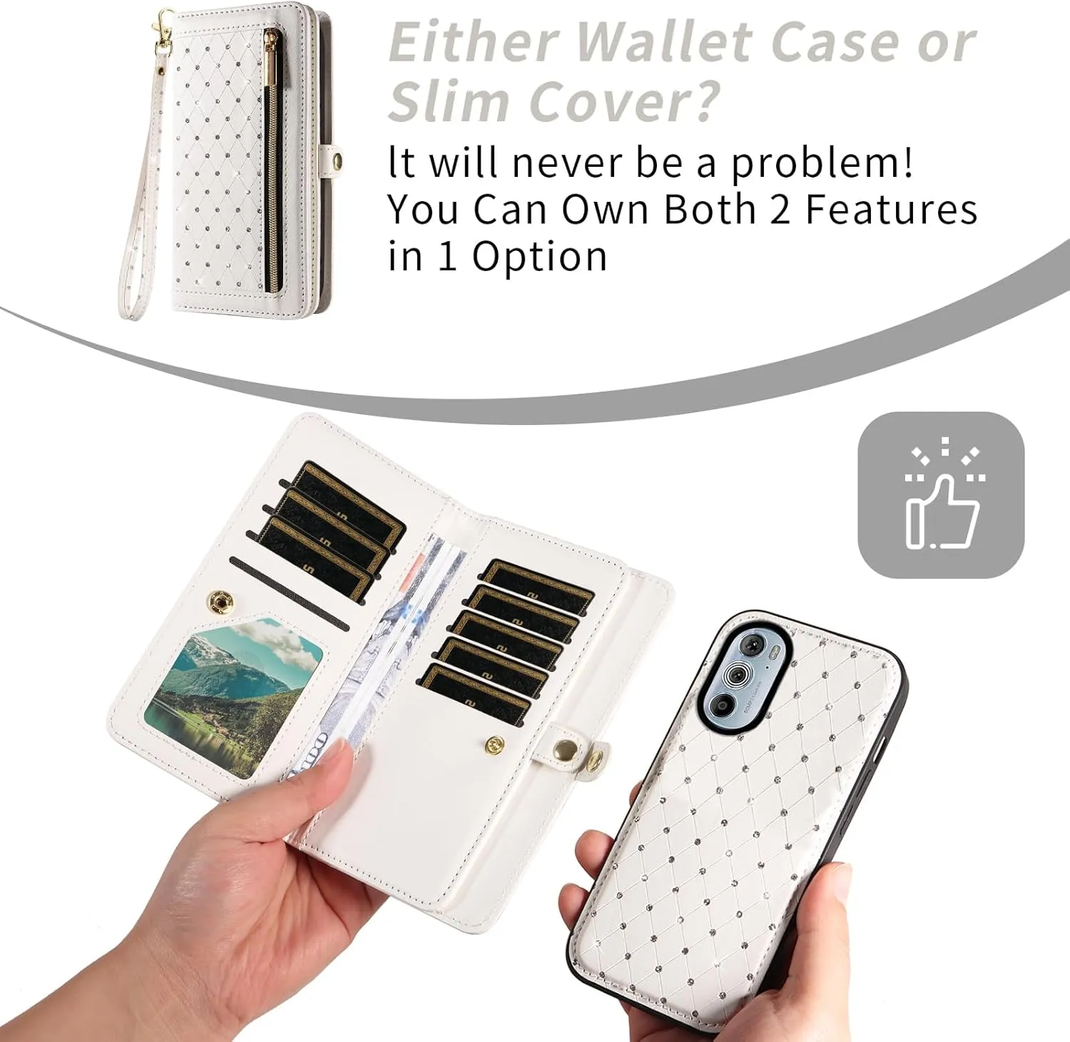 Asuwish Phone Case for Motorola Edge  Plus 2022/Edge X30/30 Pro Zipper Wallet Detachable Cell Cover with Screen Protector Crossbody Strap Bling Flip Credit Card Holder Moto Edge   5G UW Women White