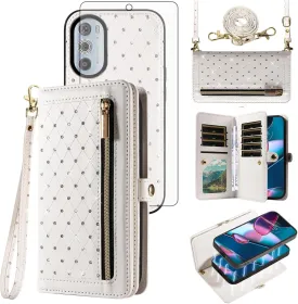 Asuwish Phone Case for Motorola Edge  Plus 2022/Edge X30/30 Pro Zipper Wallet Detachable Cell Cover with Screen Protector Crossbody Strap Bling Flip Credit Card Holder Moto Edge   5G UW Women White