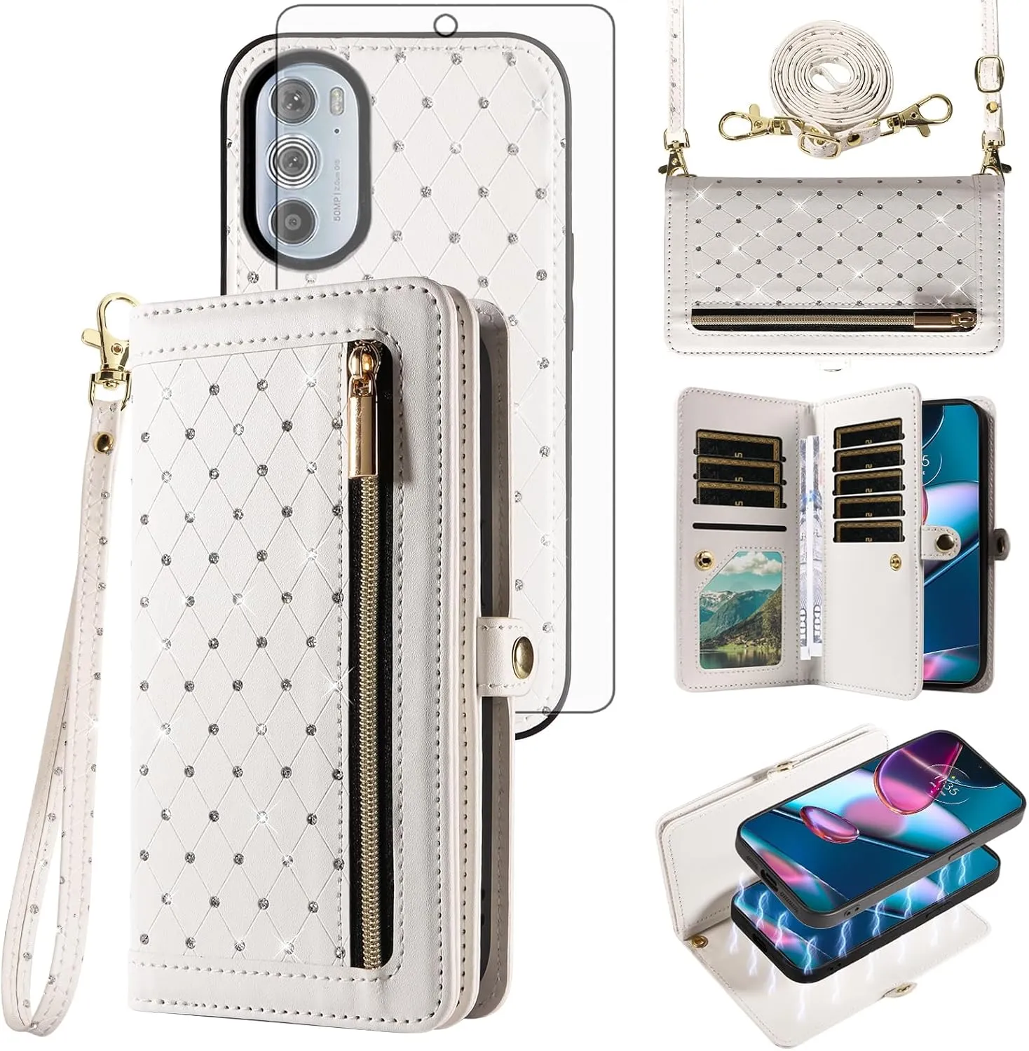 Asuwish Phone Case for Motorola Edge  Plus 2022/Edge X30/30 Pro Zipper Wallet Detachable Cell Cover with Screen Protector Crossbody Strap Bling Flip Credit Card Holder Moto Edge   5G UW Women White