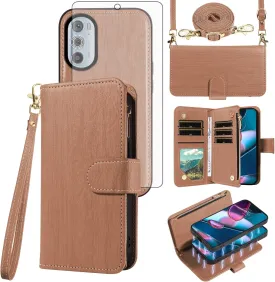 Asuwish Phone Case for Motorola Edge  Plus 2022/Edge X30/30 Pro Zipper Wallet Detachable Cell Cover with Tempered Glass Screen Protector Crossbody Strap Card Holder Moto Edge   5G UW Women Girls Brown