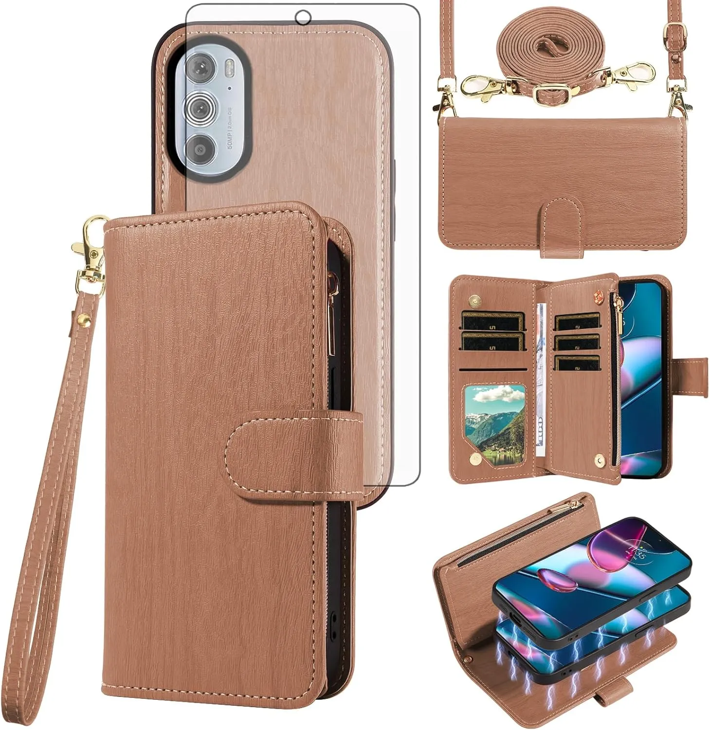 Asuwish Phone Case for Motorola Edge  Plus 2022/Edge X30/30 Pro Zipper Wallet Detachable Cell Cover with Tempered Glass Screen Protector Crossbody Strap Card Holder Moto Edge   5G UW Women Girls Brown