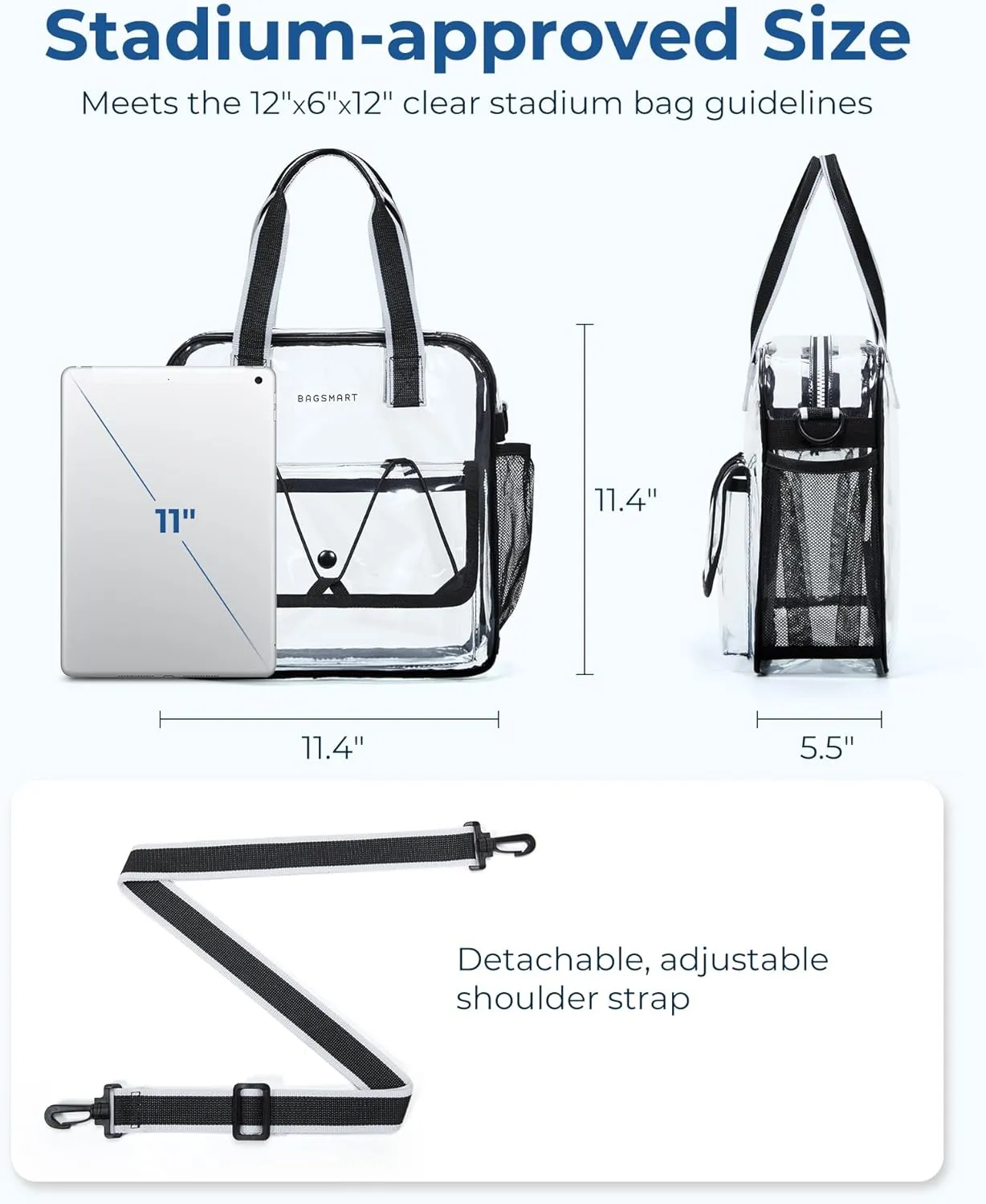 BAGSMART Clear Bag for Stadium Events, 12x6x12 Small Tote Bag with Zipper, Clear Crossbody bag for Festival Essentials