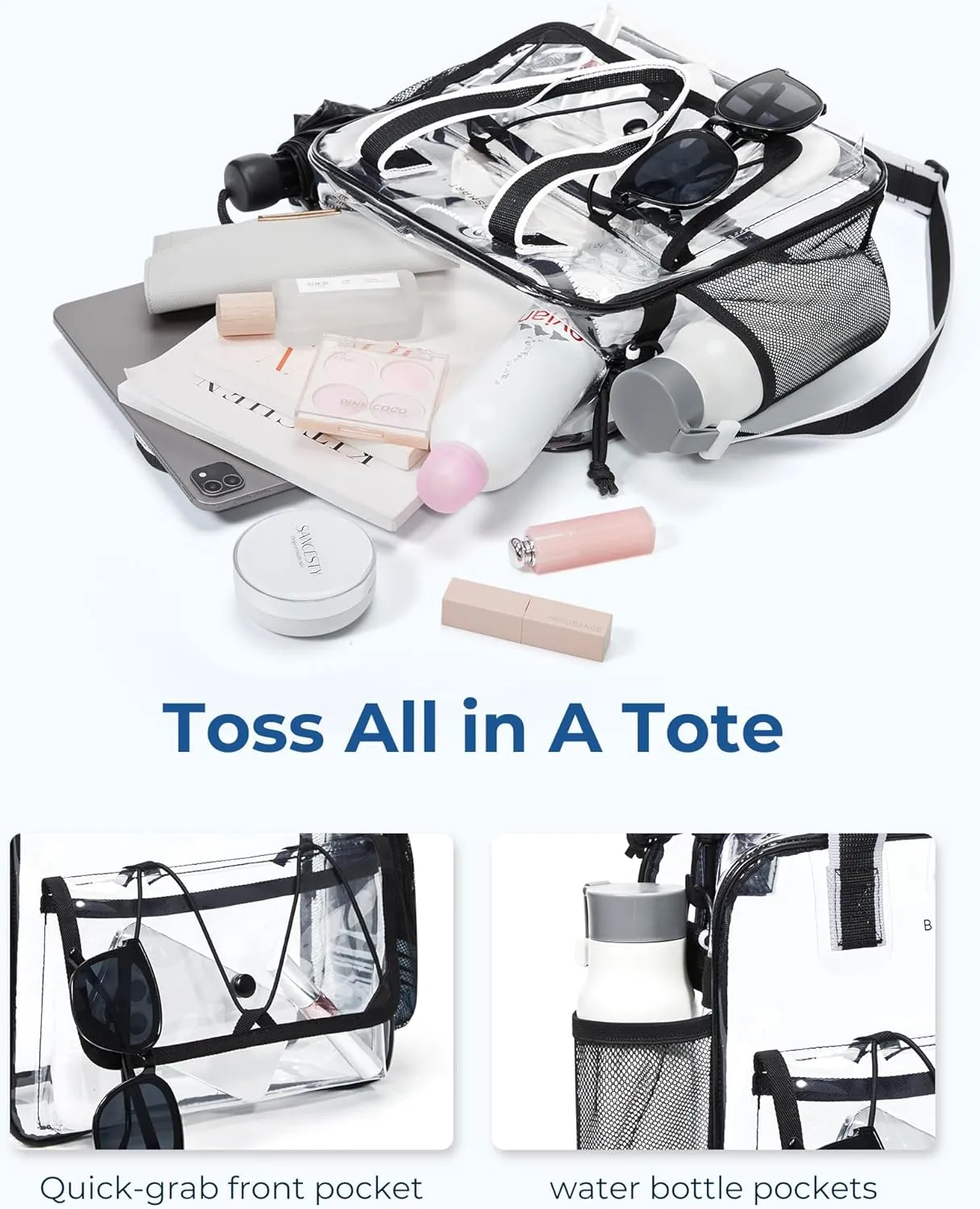 BAGSMART Clear Bag for Stadium Events, 12x6x12 Small Tote Bag with Zipper, Clear Crossbody bag for Festival Essentials