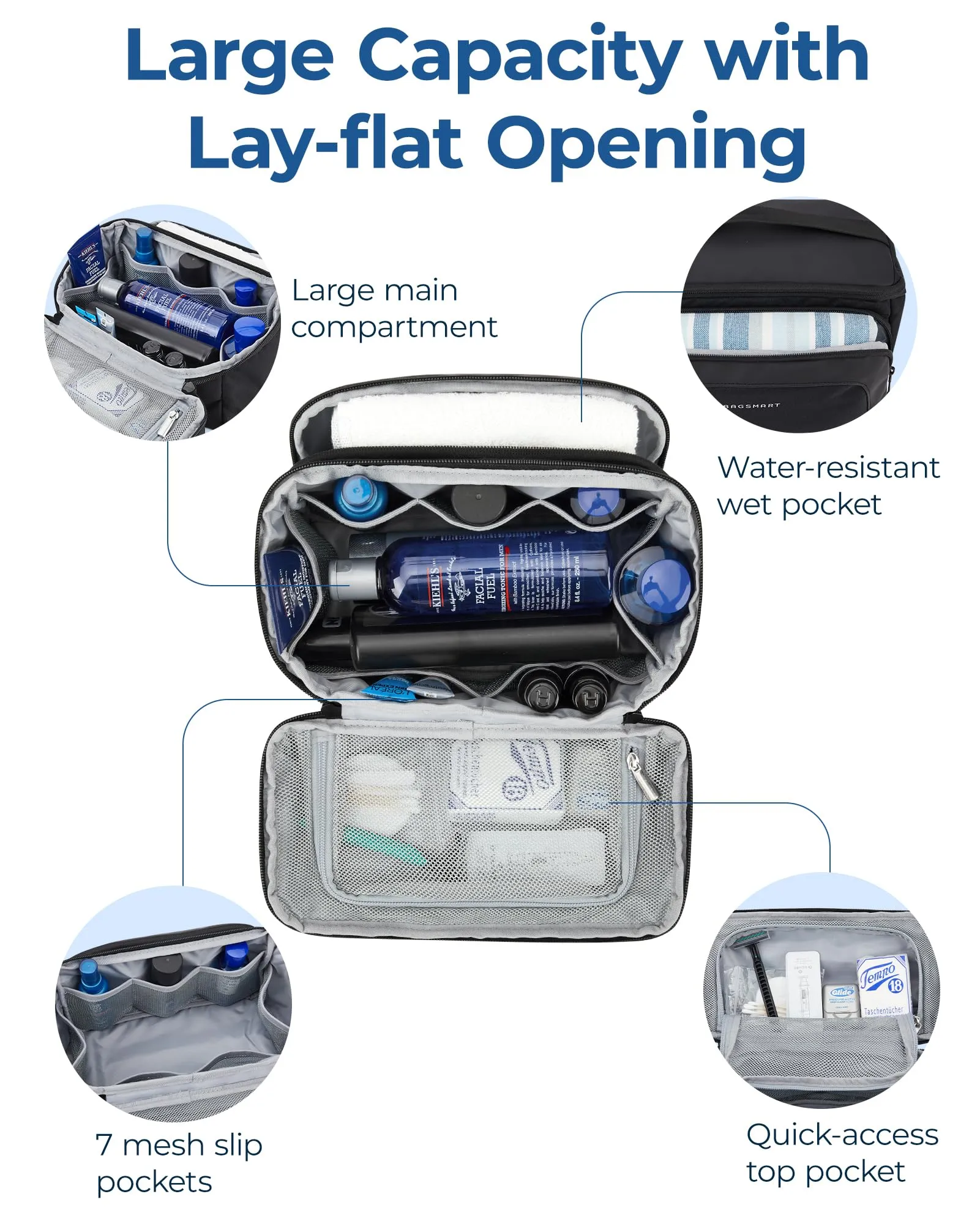 BAGSMART Toiletry Bag for Men, Wide Opening Travel Bag for Toiletries, Dopp Kit Water Resistant Shaving Hygiene Bag for Bathroom Shower, Toiletries Accessories,Travel Essentials-Gray