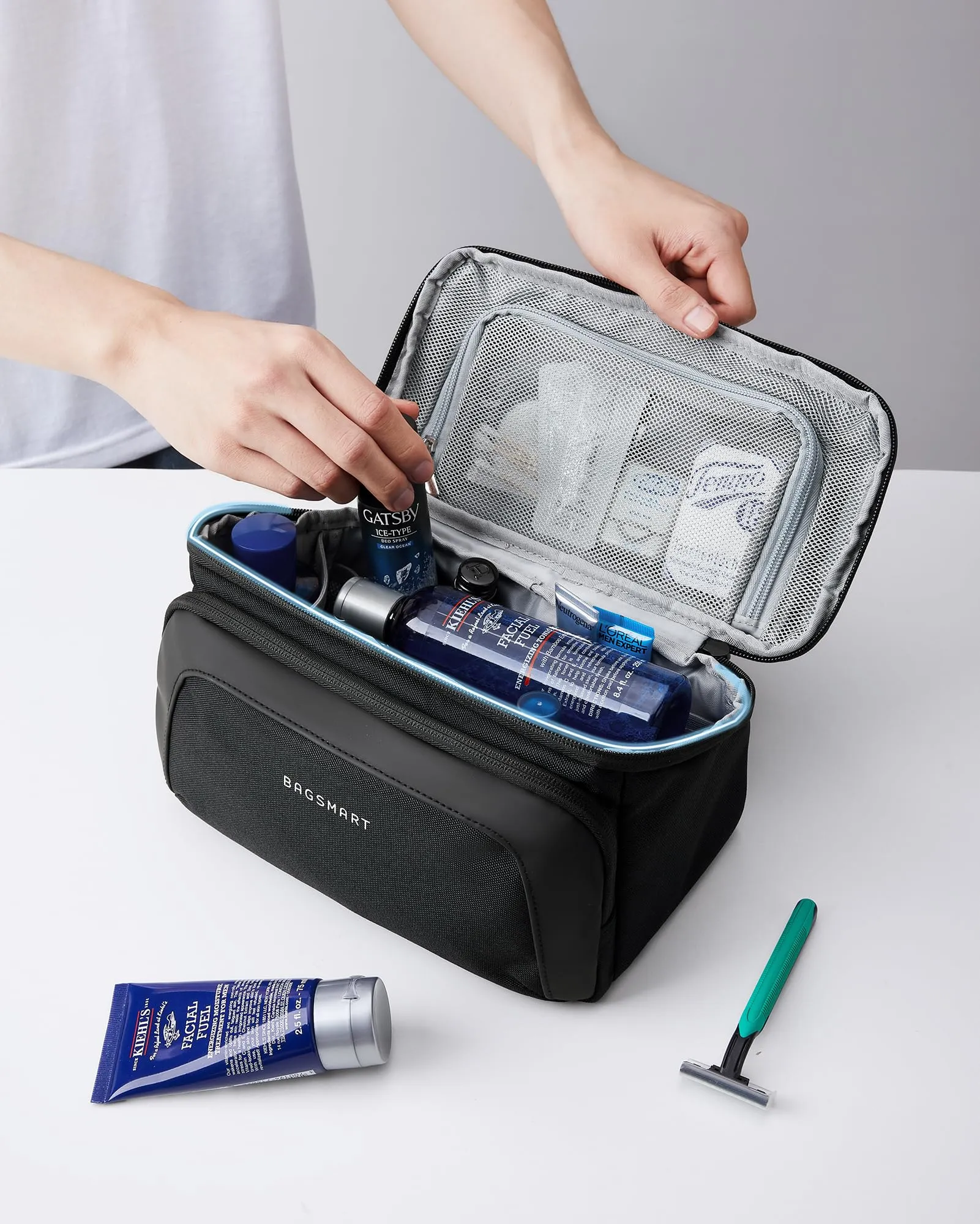 BAGSMART Toiletry Bag for Men, Wide Opening Travel Bag for Toiletries, Dopp Kit Water Resistant Shaving Hygiene Bag for Bathroom Shower, Toiletries Accessories,Travel Essentials-Gray