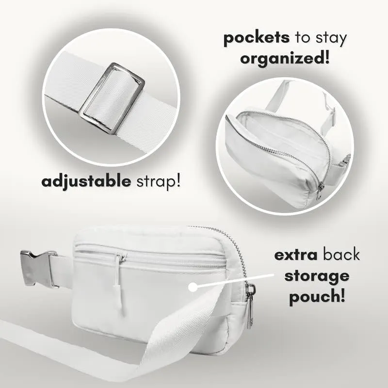 Boutique Belt Crossbody Bag Fanny Pack for Women Fashionable | Cute Mini Everywhere Bum Hip Waist Pack | Fashion Travel Chest Bag | Silver Accessories | Adjustable Small Strap | White