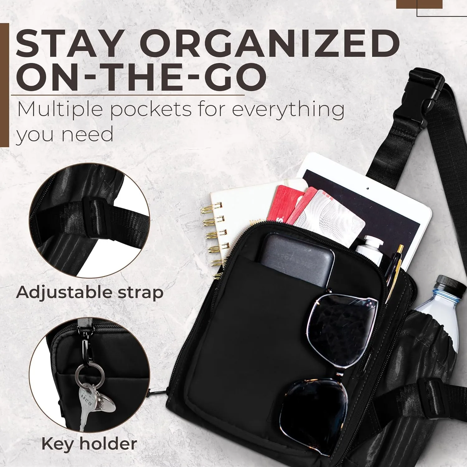 BUNSO Everyday Small Crossbody Bags for Women, Water-Resistant Sling Bag for Men with Waterbottle Holder, 7 x 2.5 x 9