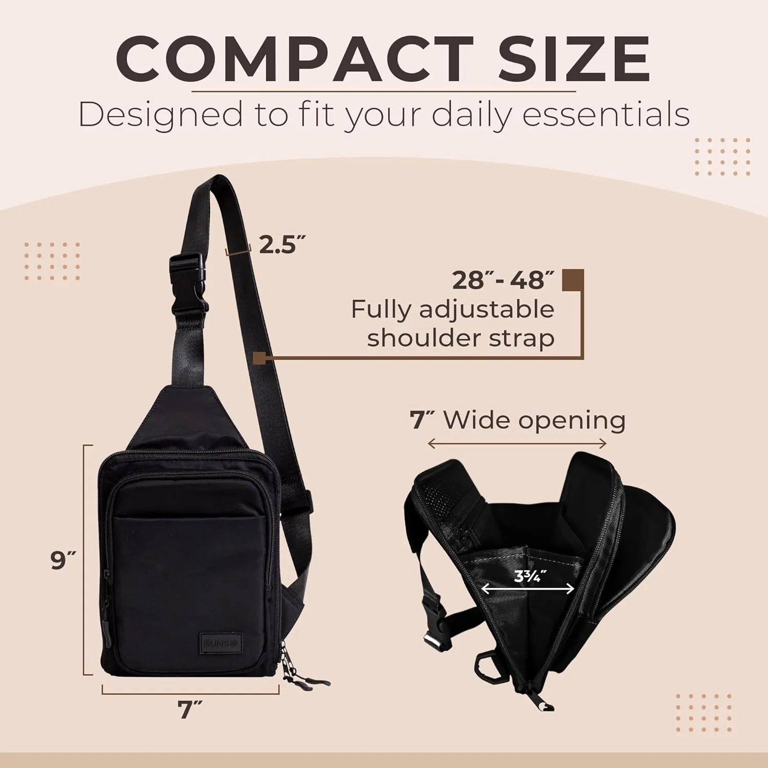 BUNSO Everyday Small Crossbody Bags for Women, Water-Resistant Sling Bag for Men with Waterbottle Holder, 7 x 2.5 x 9