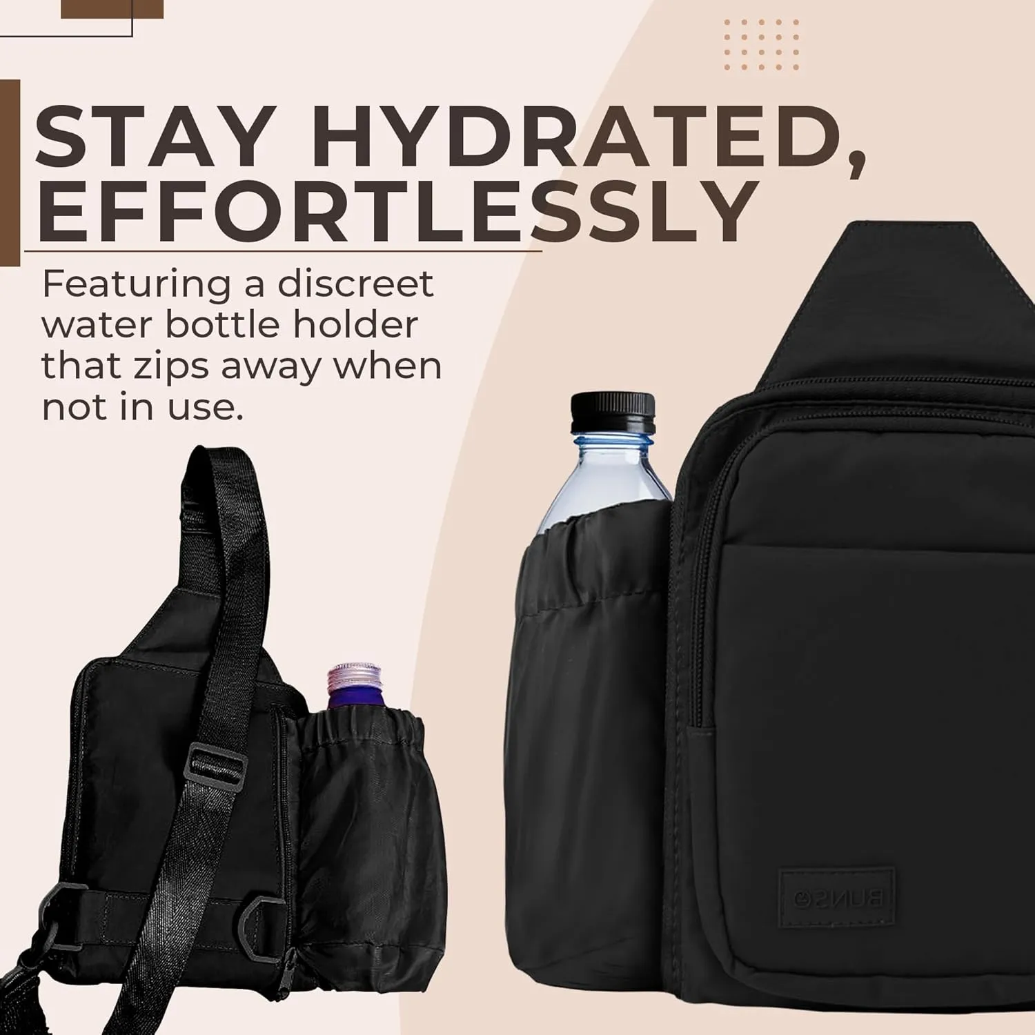 BUNSO Everyday Small Crossbody Bags for Women, Water-Resistant Sling Bag for Men with Waterbottle Holder, 7 x 2.5 x 9