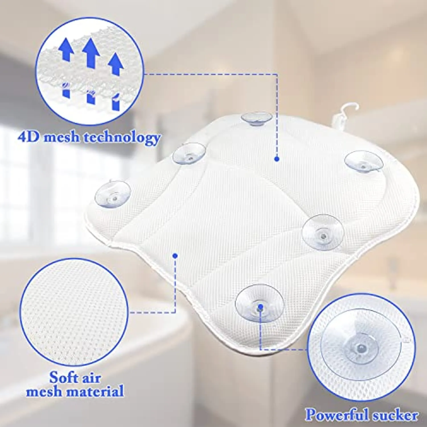 CAYCOIN Bath Pillow for Tub Comfort Bathtub Pillow, Ergonomic Bath Pillows for Tub Neck and Back Support with 6 Suction Cups, Ultra-Soft 4D Air Mesh Design SPA Tub Bath Pillow for Women & Men