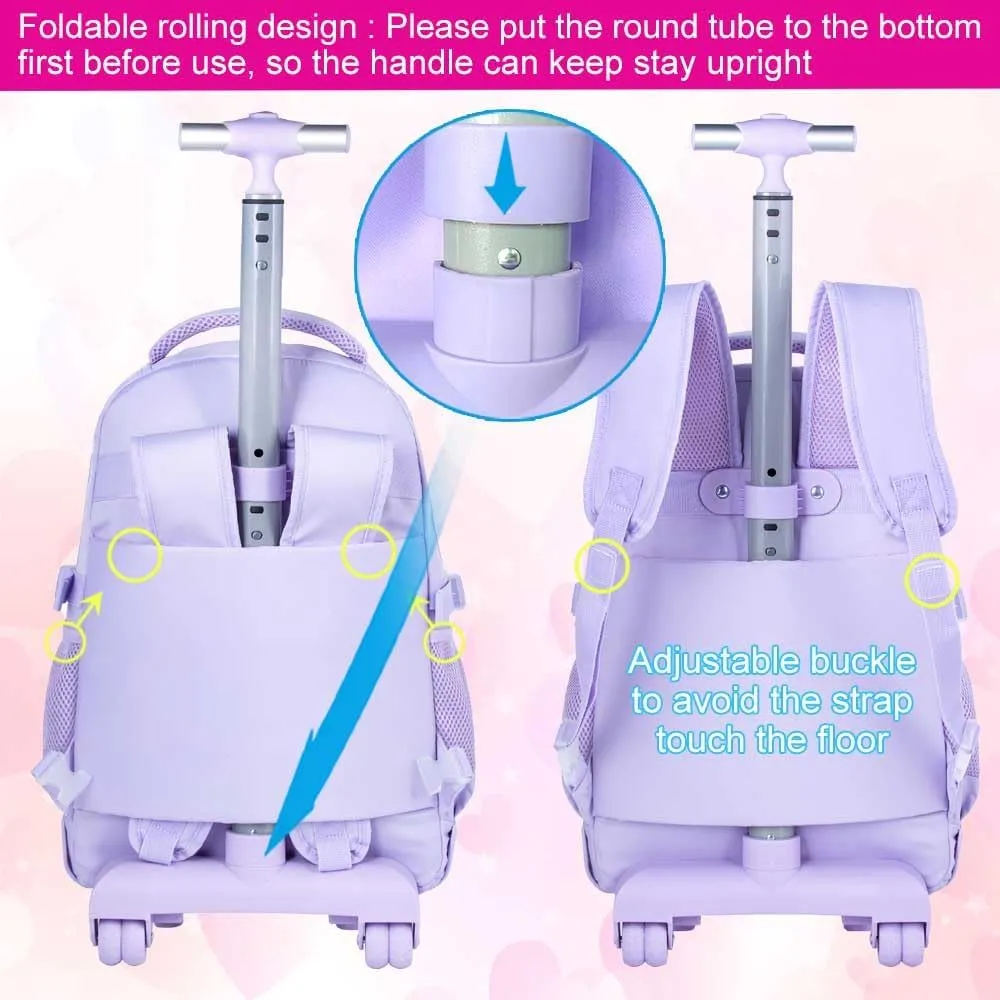 CCJPX Rolling Backpack for Girls Women, 21 inch Roller Wheels School Bookbag, Wheeled Suitcase Backpacks with Lunch Bag for Teen - Purple