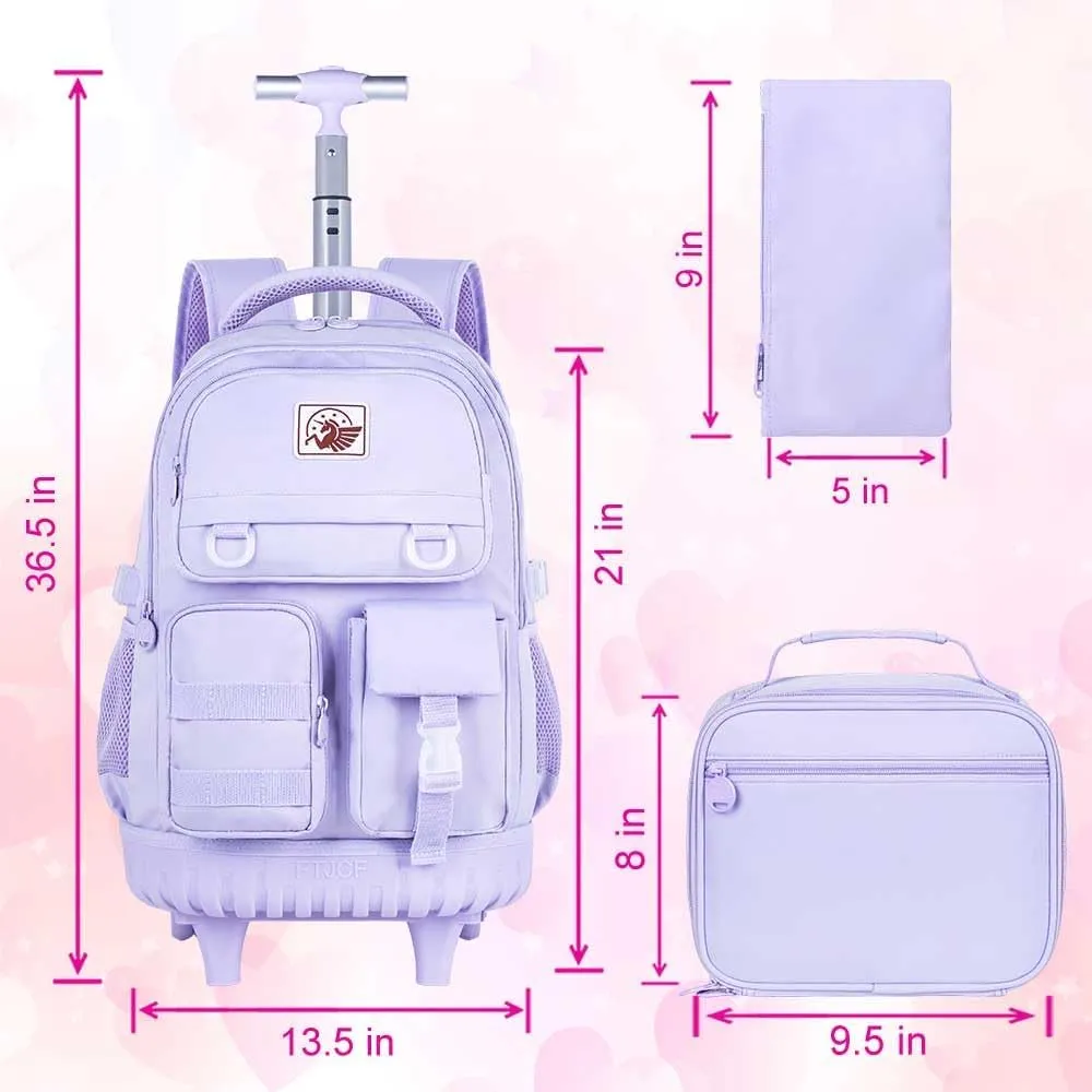CCJPX Rolling Backpack for Girls Women, 21 inch Roller Wheels School Bookbag, Wheeled Suitcase Backpacks with Lunch Bag for Teen - Purple