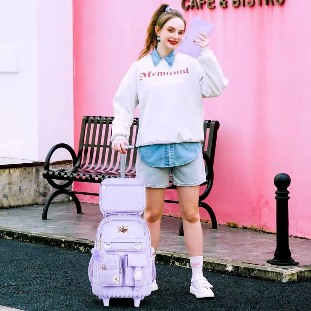 CCJPX Rolling Backpack for Girls Women, 21 inch Roller Wheels School Bookbag, Wheeled Suitcase Backpacks with Lunch Bag for Teen - Purple