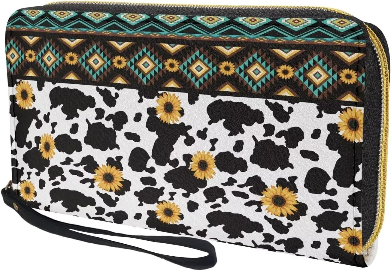 Coldinair Brown Aztec Womens Wallet Cow Sunflower RFID Blocking Handbag Purse PU Leather Zip Around Wallets Large Capacity Long Purse Credit Card Clutch Bag Wristlet Strap
