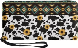 Coldinair Brown Aztec Womens Wallet Cow Sunflower RFID Blocking Handbag Purse PU Leather Zip Around Wallets Large Capacity Long Purse Credit Card Clutch Bag Wristlet Strap