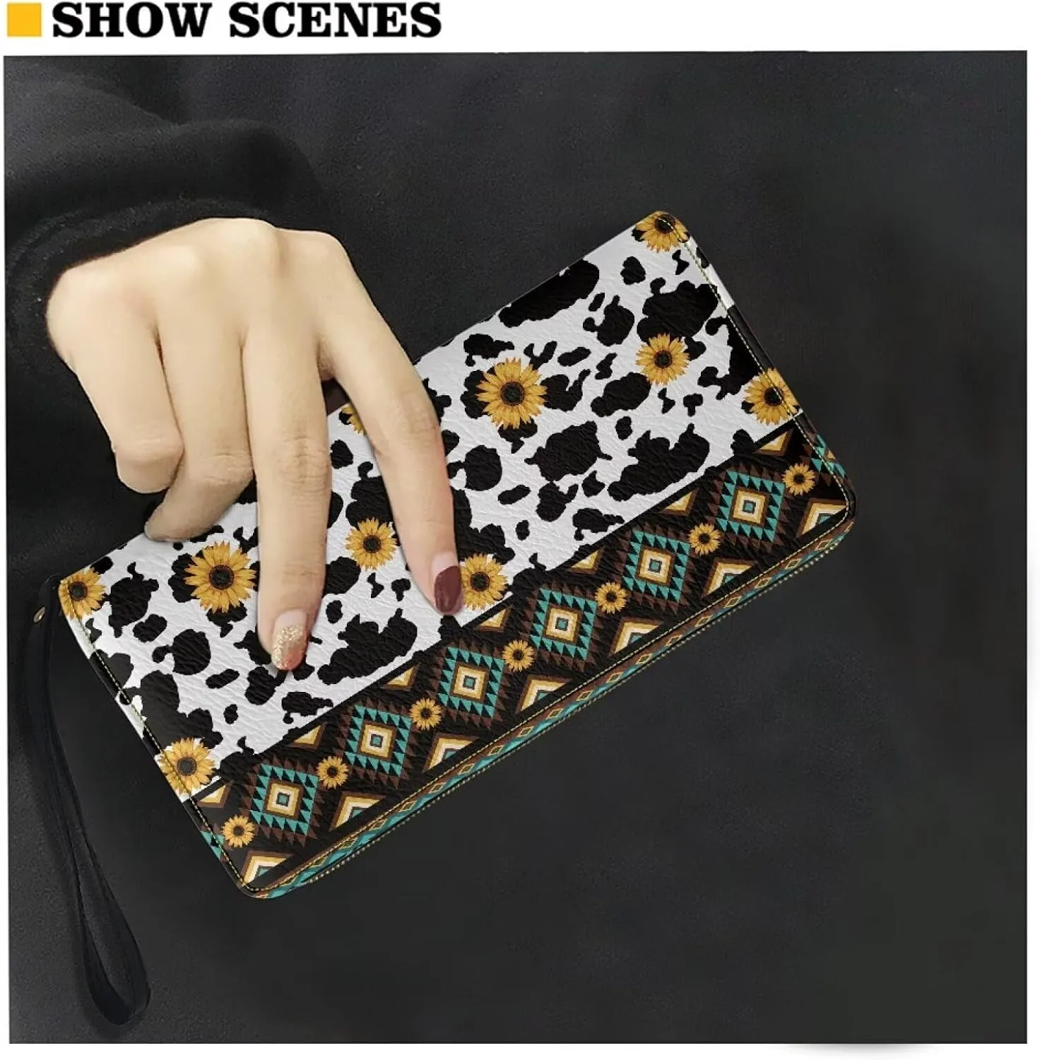 Coldinair Brown Aztec Womens Wallet Cow Sunflower RFID Blocking Handbag Purse PU Leather Zip Around Wallets Large Capacity Long Purse Credit Card Clutch Bag Wristlet Strap