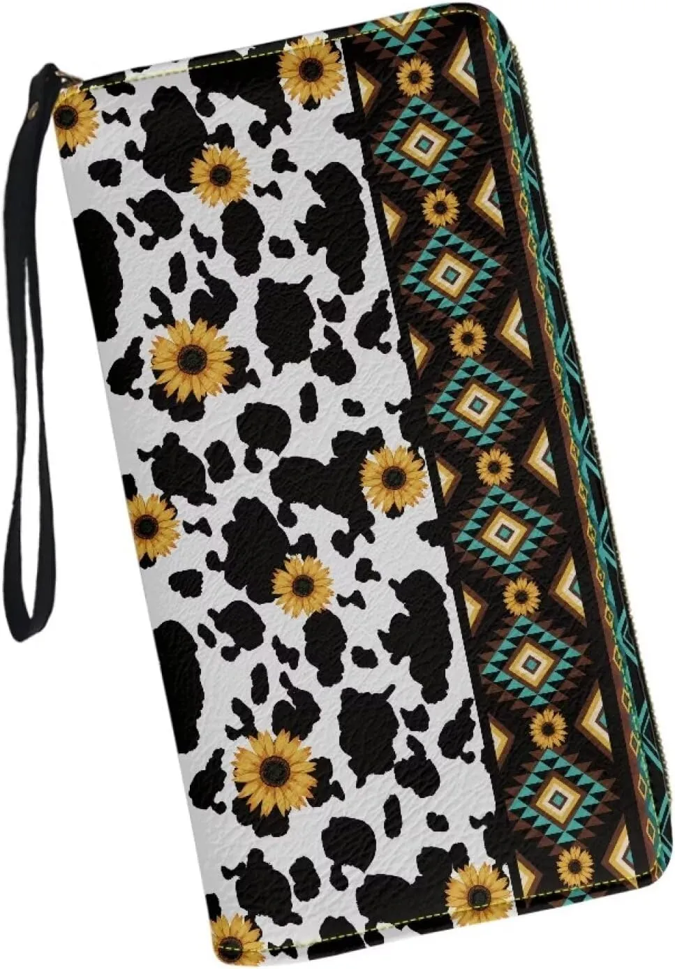 Coldinair Brown Aztec Womens Wallet Cow Sunflower RFID Blocking Handbag Purse PU Leather Zip Around Wallets Large Capacity Long Purse Credit Card Clutch Bag Wristlet Strap