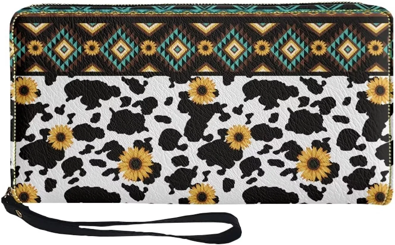 Coldinair Brown Aztec Womens Wallet Cow Sunflower RFID Blocking Handbag Purse PU Leather Zip Around Wallets Large Capacity Long Purse Credit Card Clutch Bag Wristlet Strap