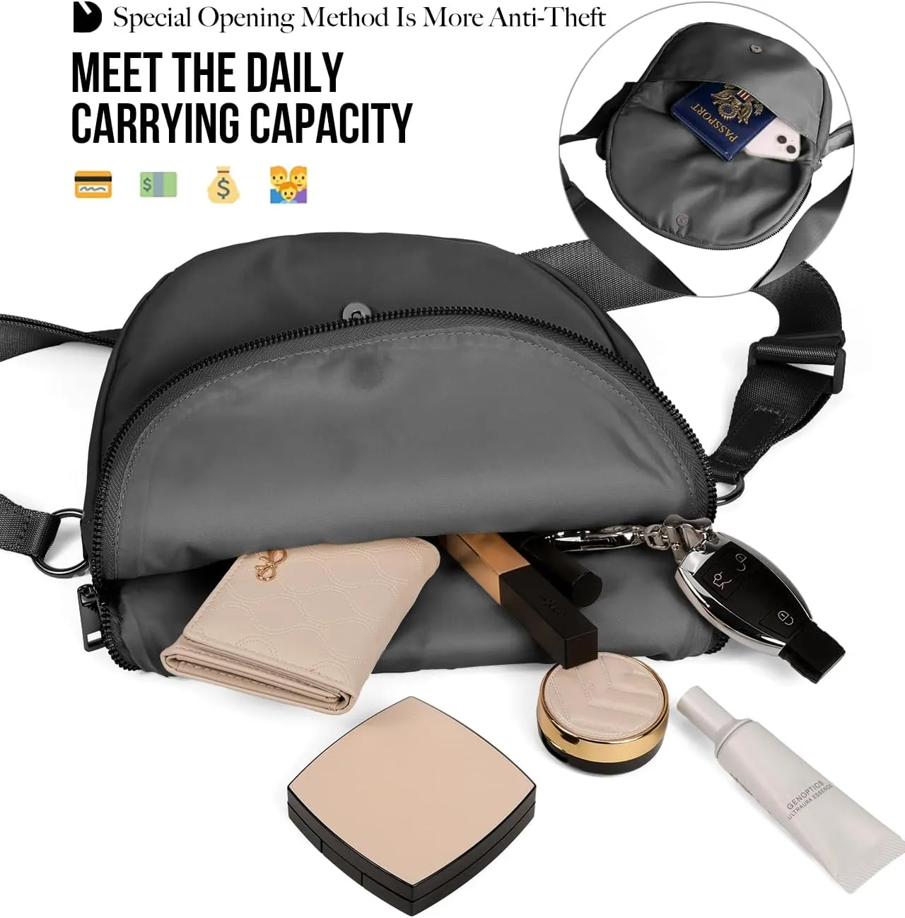 Crescent Bag for Women and Men, Fashion Medium Nylon Folding Crescent Moon Bag Single Shoulder Bag with Adjustable Strap