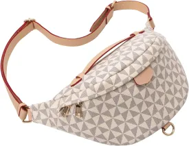 Crossbody Sling Bag for Women Fanny Pack with Adjustable Strap Large Opening Two-Way Zipper Closure Chest Bag Trendy Checkered Belt Bag for Daily Shopping Travel (Apricot white)