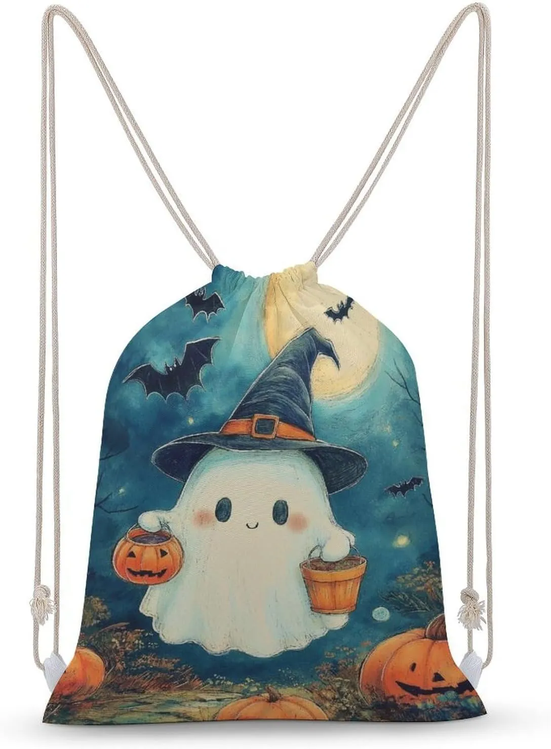 Cute Ghost Holding A Small Pumpkin Bucket Drawstring Backpack Canvas String Bag Lightweight Sports Gym Bag for Men Women