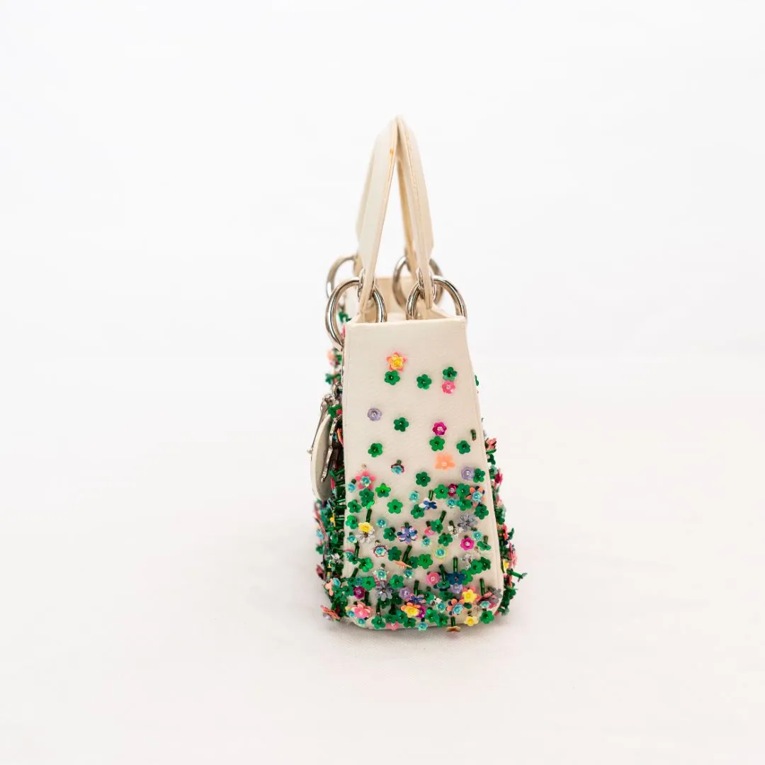 Dior White Satin Mini Lady Dior with Beaded Detail