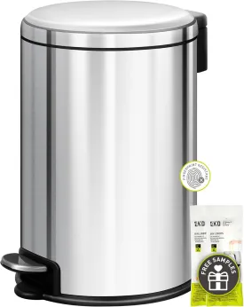 EKO Round Bathroom Trash Can with Lid, 5L / 1.32 Gallon Small Step Garbage Can with Removable Inner Bucket, Soft-Close Metal Waste Basket with Foot Pedal, Brushed Stainless Steel