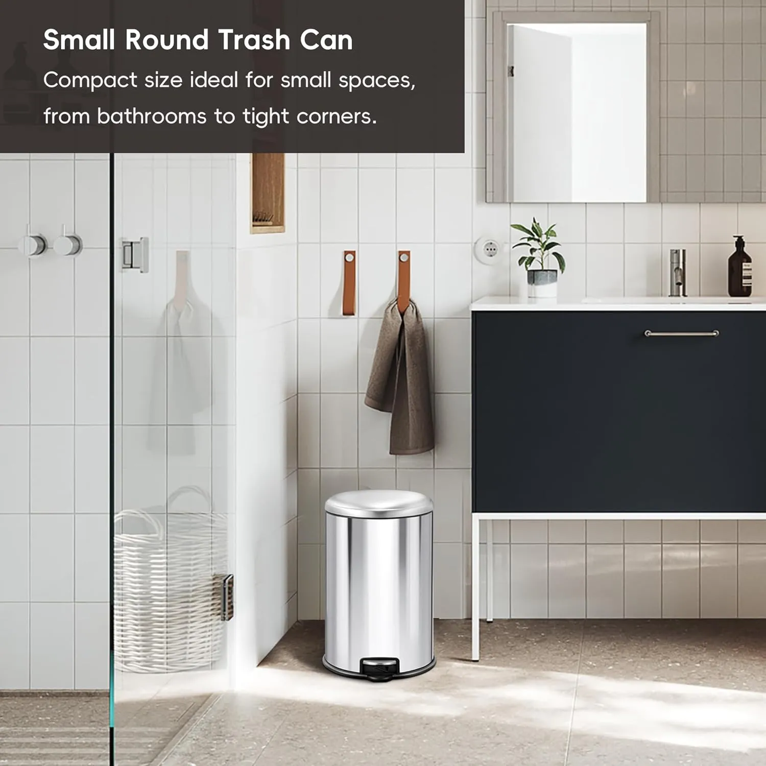 EKO Round Bathroom Trash Can with Lid, 5L / 1.32 Gallon Small Step Garbage Can with Removable Inner Bucket, Soft-Close Metal Waste Basket with Foot Pedal, Brushed Stainless Steel