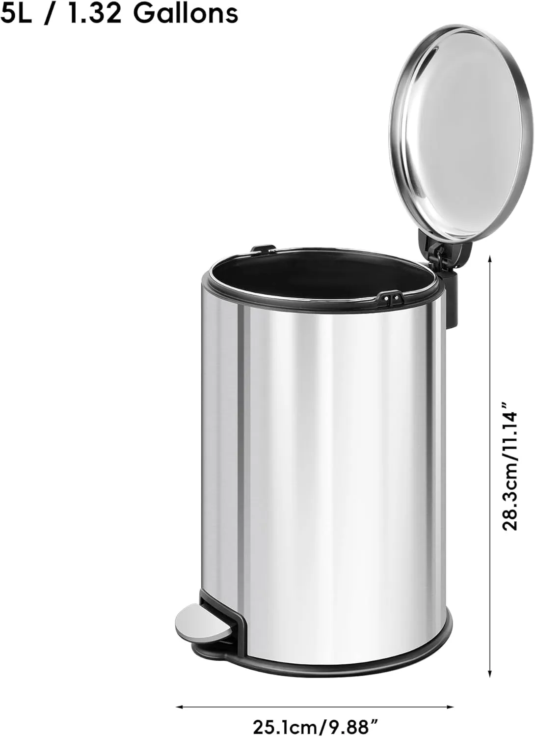 EKO Round Bathroom Trash Can with Lid, 5L / 1.32 Gallon Small Step Garbage Can with Removable Inner Bucket, Soft-Close Metal Waste Basket with Foot Pedal, Brushed Stainless Steel