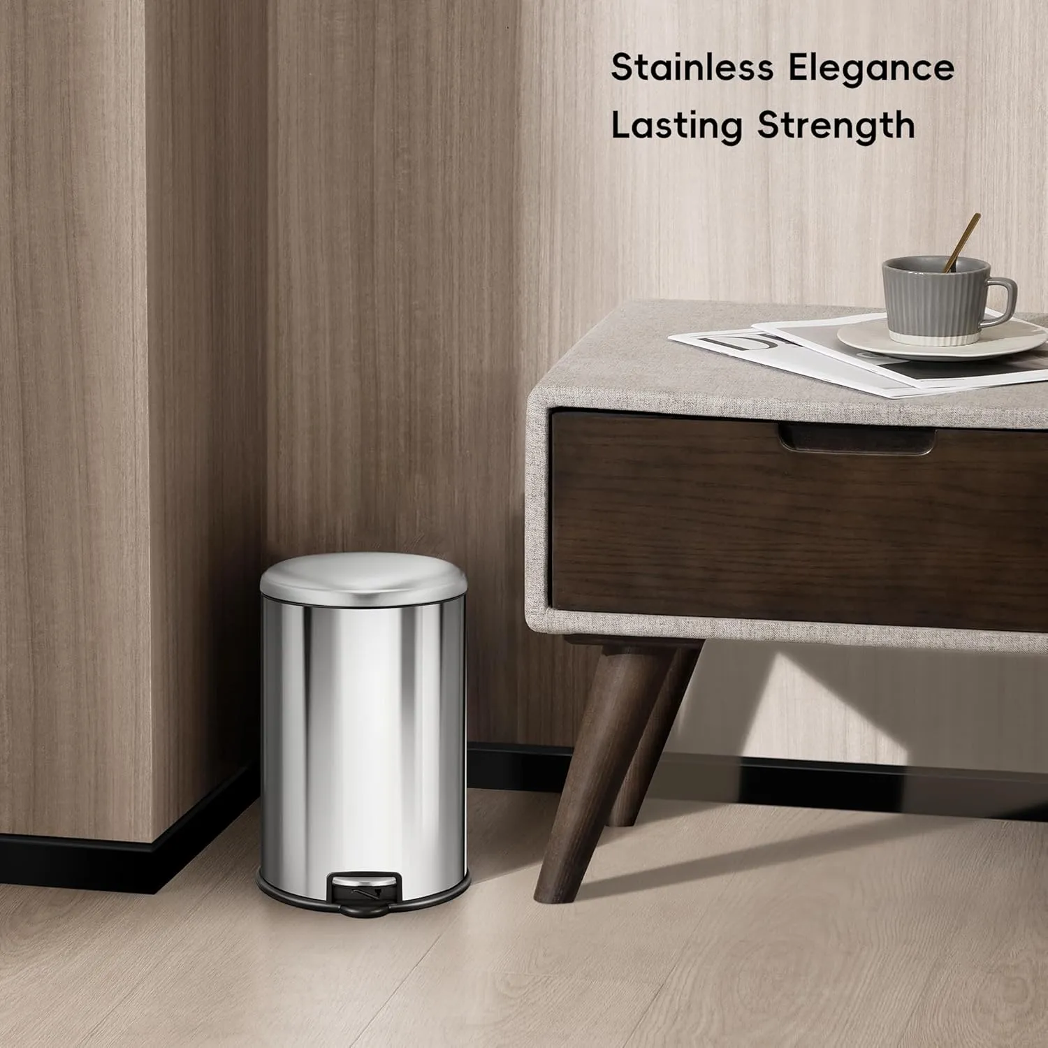 EKO Round Bathroom Trash Can with Lid, 5L / 1.32 Gallon Small Step Garbage Can with Removable Inner Bucket, Soft-Close Metal Waste Basket with Foot Pedal, Brushed Stainless Steel