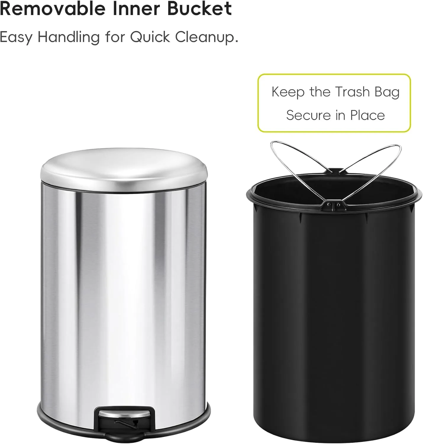 EKO Round Bathroom Trash Can with Lid, 5L / 1.32 Gallon Small Step Garbage Can with Removable Inner Bucket, Soft-Close Metal Waste Basket with Foot Pedal, Brushed Stainless Steel