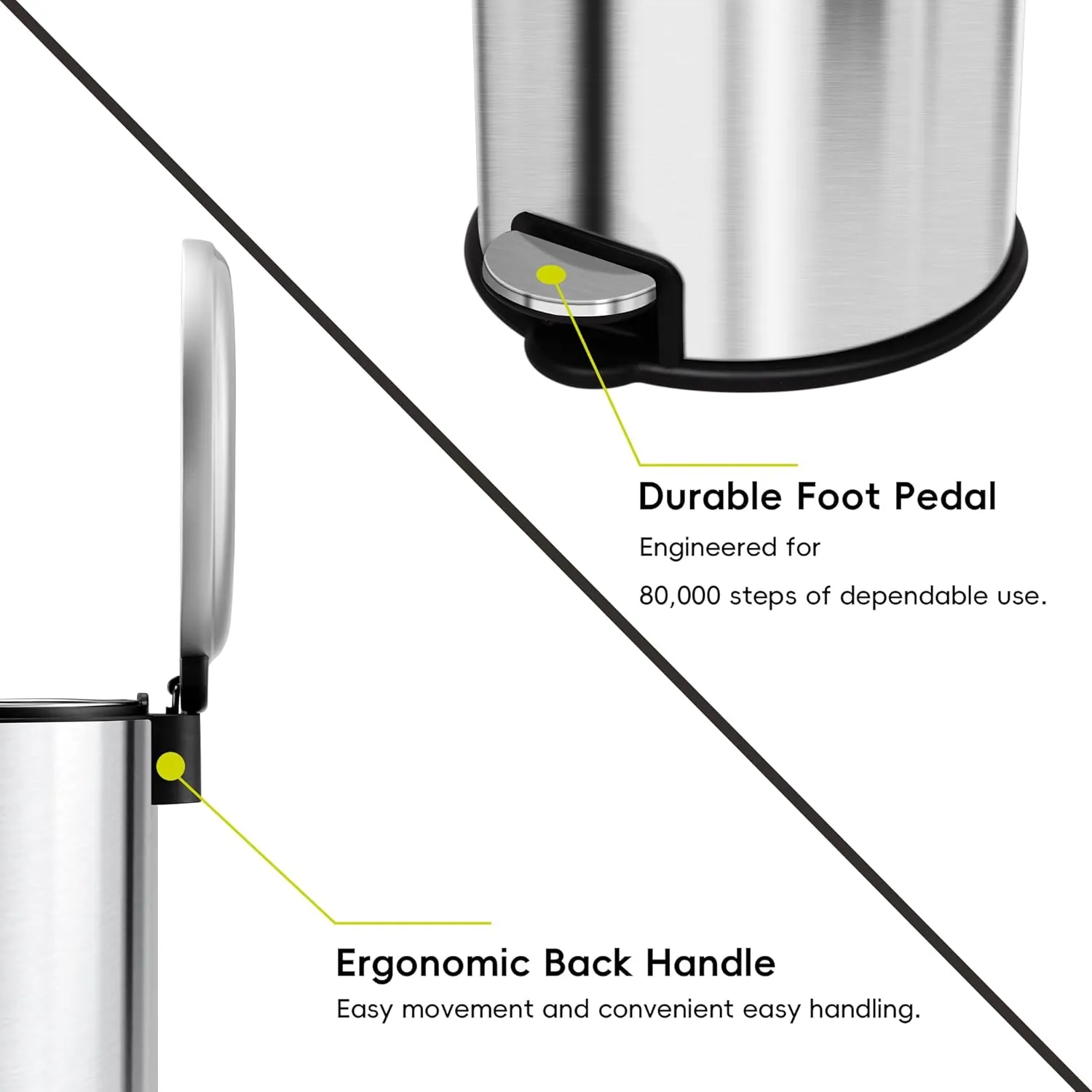 EKO Round Bathroom Trash Can with Lid, 5L / 1.32 Gallon Small Step Garbage Can with Removable Inner Bucket, Soft-Close Metal Waste Basket with Foot Pedal, Brushed Stainless Steel