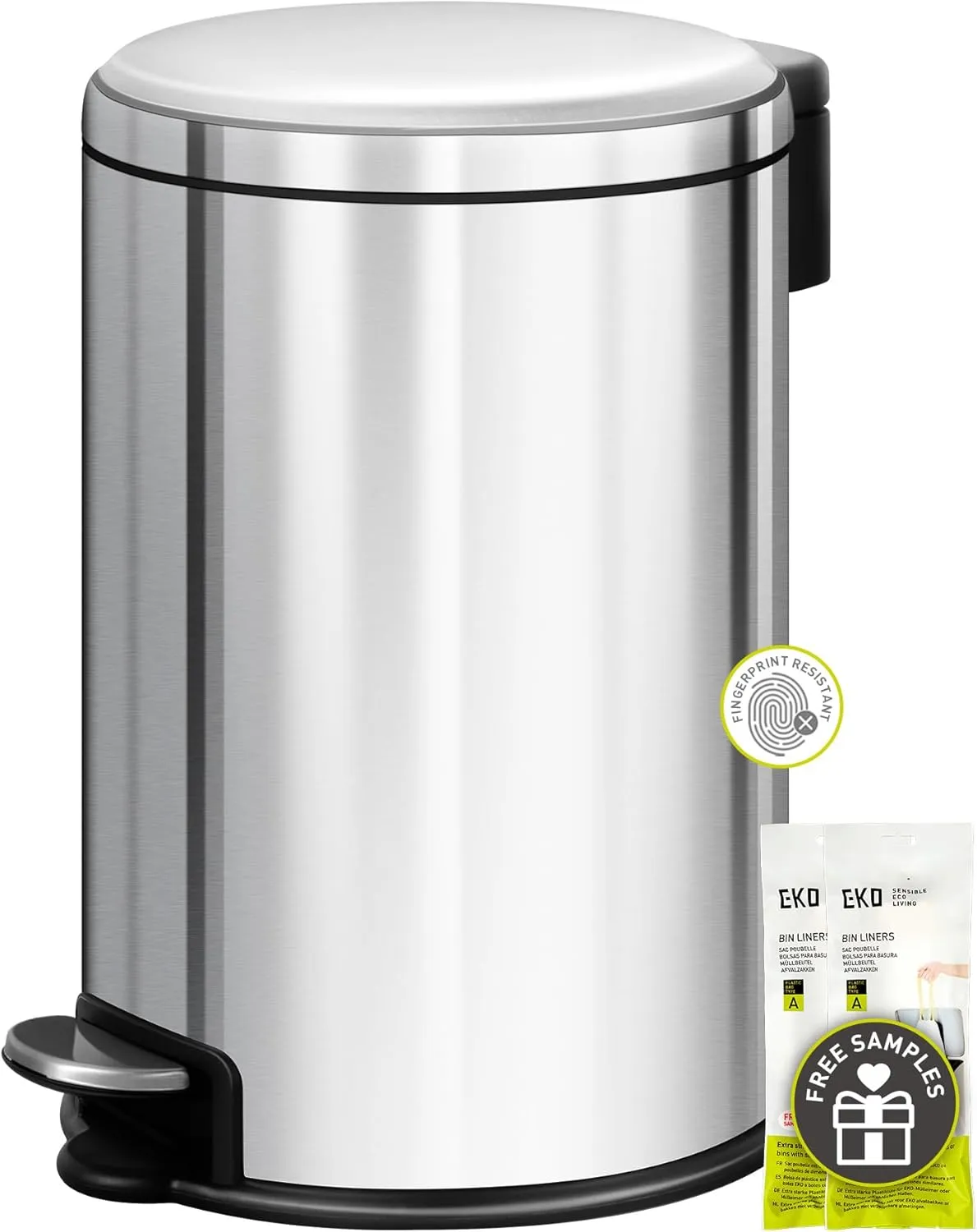 EKO Round Bathroom Trash Can with Lid, 5L / 1.32 Gallon Small Step Garbage Can with Removable Inner Bucket, Soft-Close Metal Waste Basket with Foot Pedal, Brushed Stainless Steel