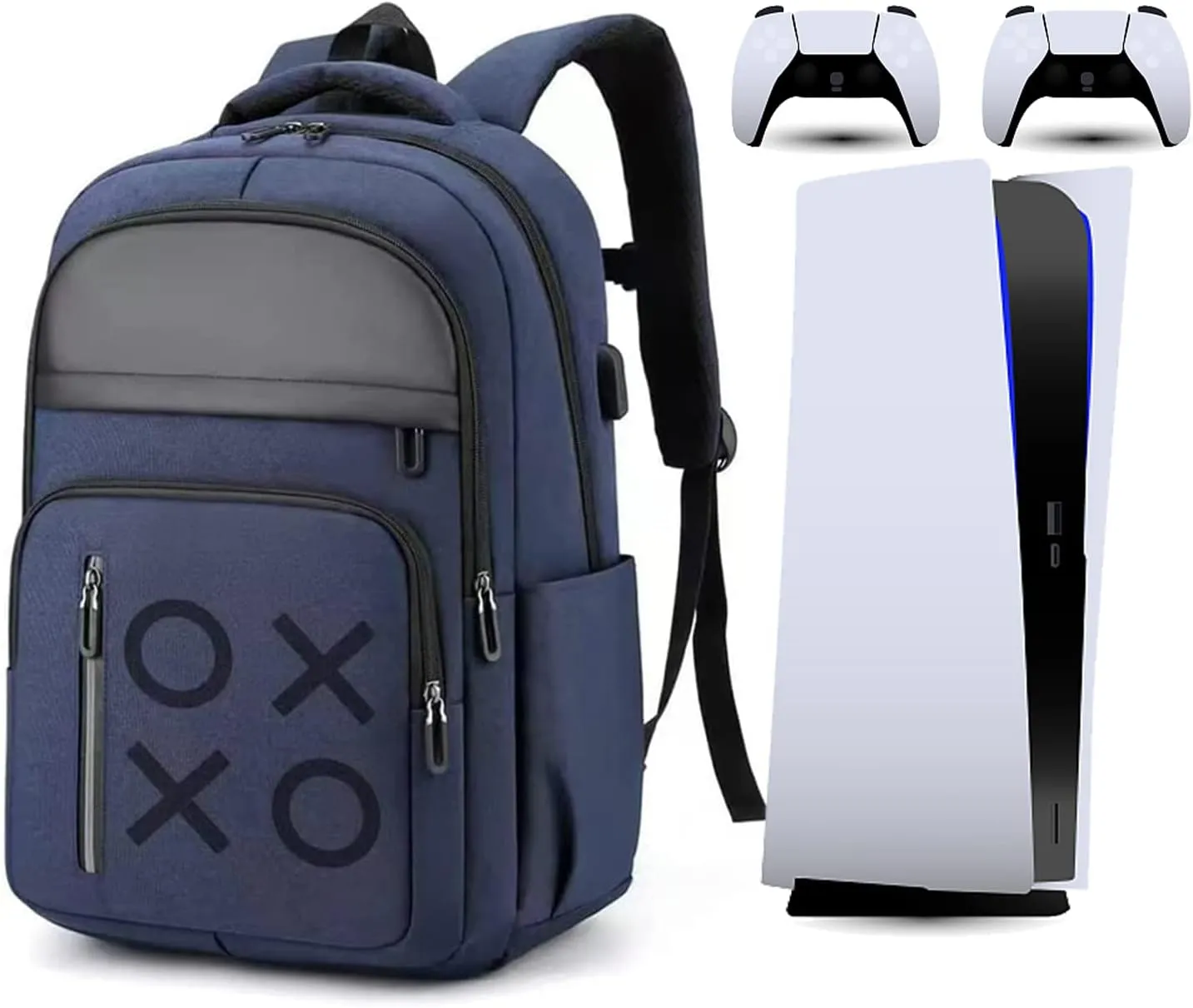 Gaming Console Backpack Travel Carrying Case with USB Port Multiple Pockets for PS5/Controllers/Gaming Accessories (Blue)