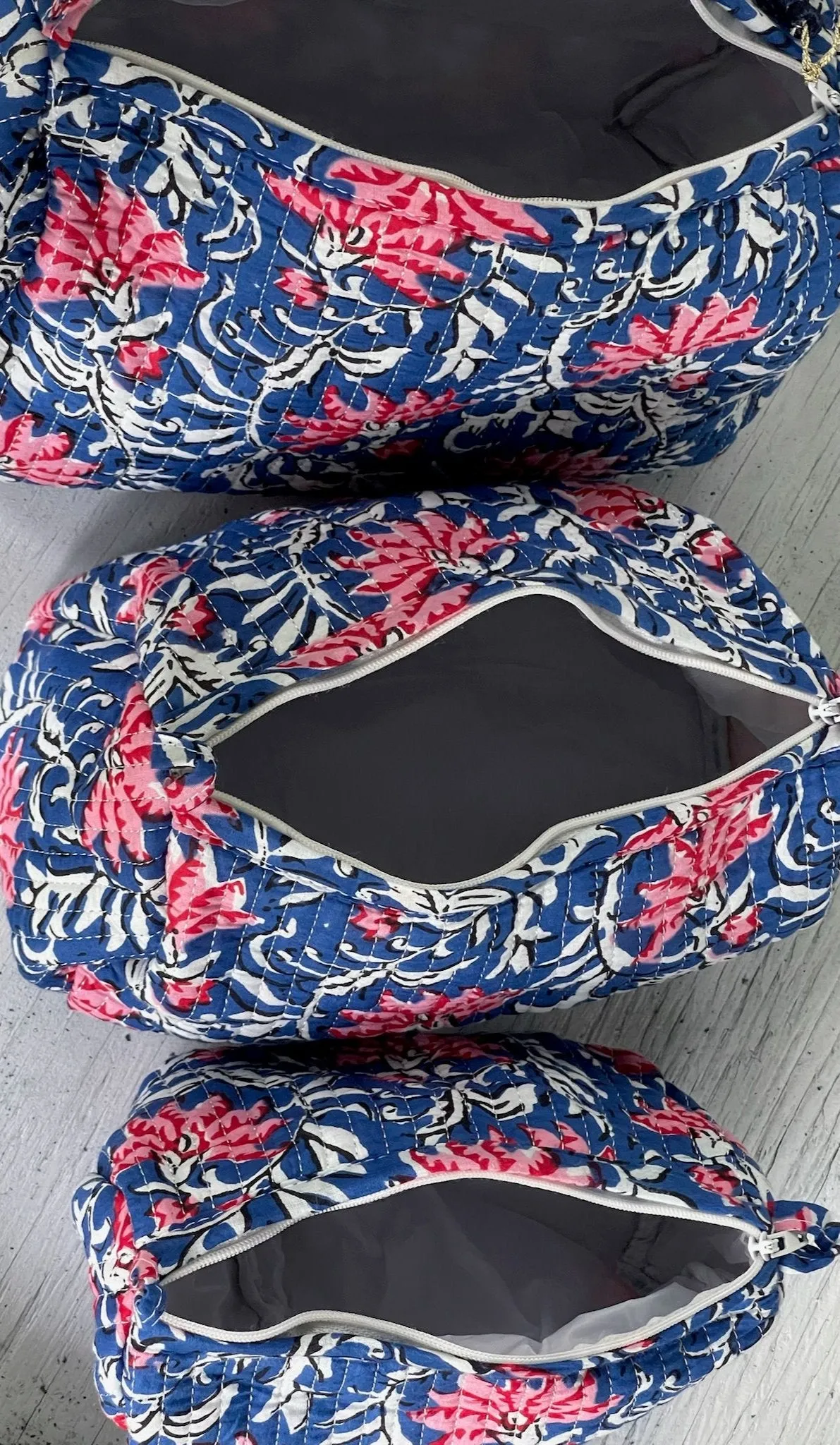 Hand-Block Print Travel Pouch | Set of 3 | Blue Garden