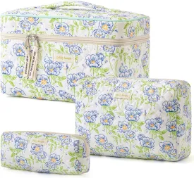 HBselect Quilted Makeup Bag, 3PCS Cotton Large Travel Makeup Bag, Cute Floral Coquette Make up Bag Cosmetic Bag Toiletry Bag for Women Girls