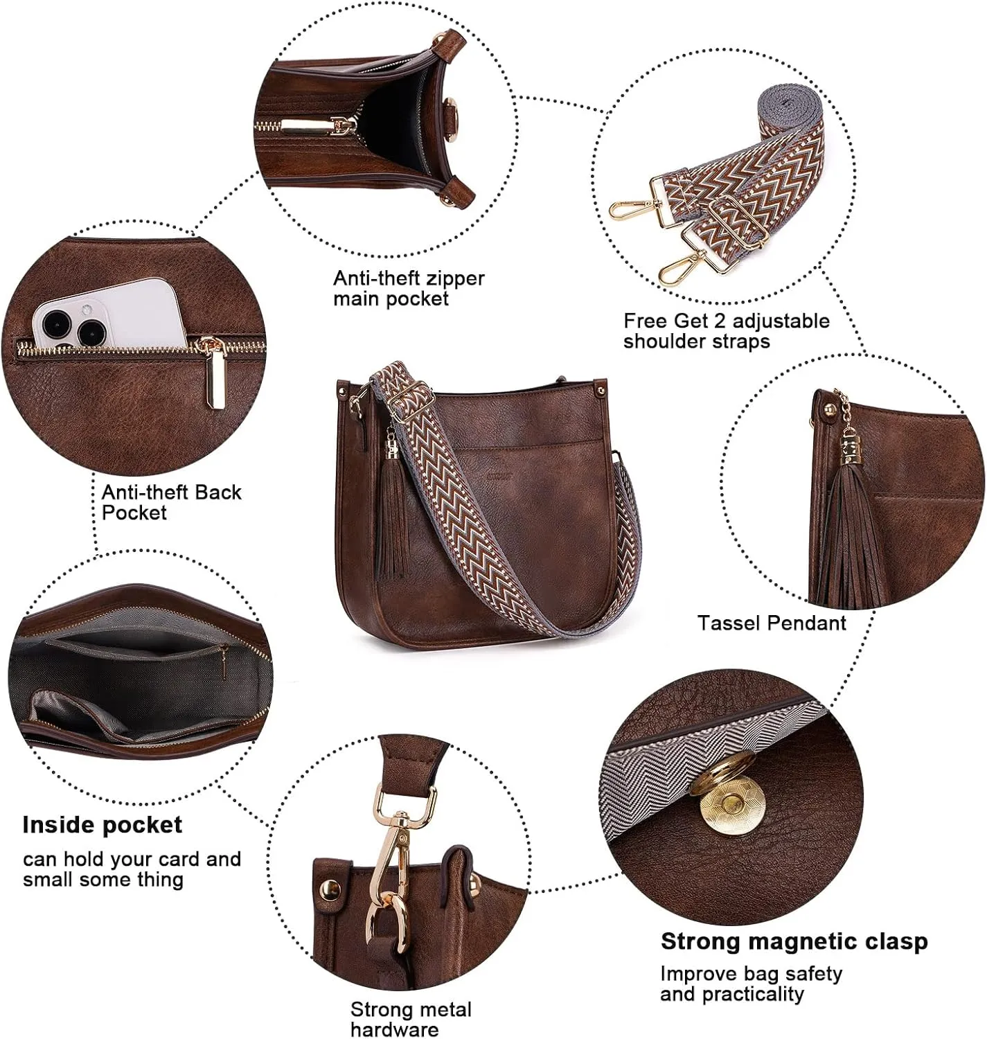HKCLUF Crossbody Bag Purse for Women 2PCS/Set Leather Hobo Handbag Wallet Set With 2Adjustable Guitar Strap Shoulder Bag