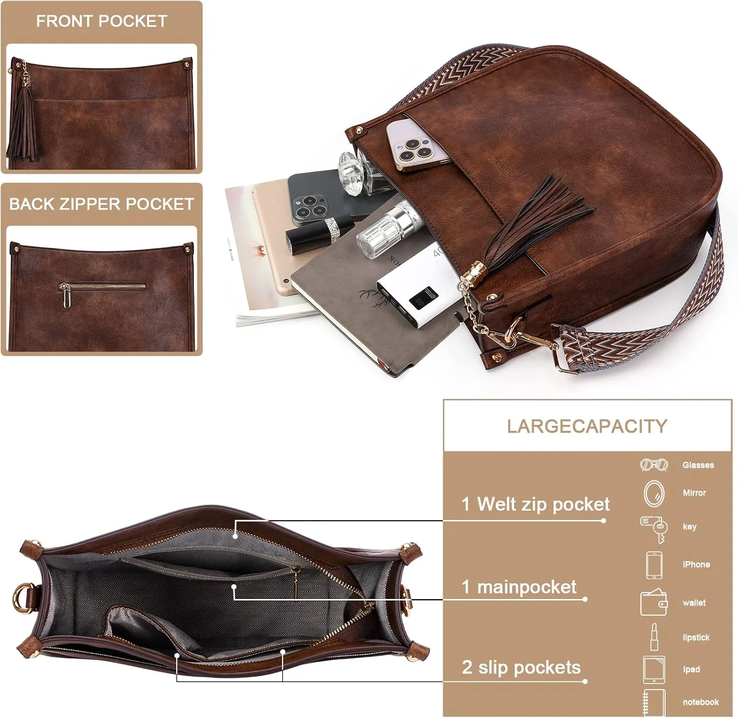 HKCLUF Crossbody Bag Purse for Women 2PCS/Set Leather Hobo Handbag Wallet Set With 2Adjustable Guitar Strap Shoulder Bag