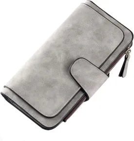 Ladies Vegan Long Leather Wallet,Women's RFID Blocking Cash ID Credit Card Holder Wallet for Women Soft Clutch Wallet with Zipper Coin Pocket Fashion Purse ID Window Holder Elegant Clutch (Grey)