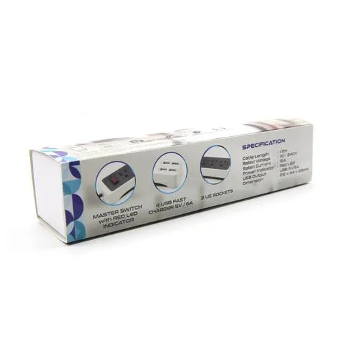 Lexuma XStrip 3-Gang US Type 15A Socket Mini USB Power Strip with 4 USB Ports