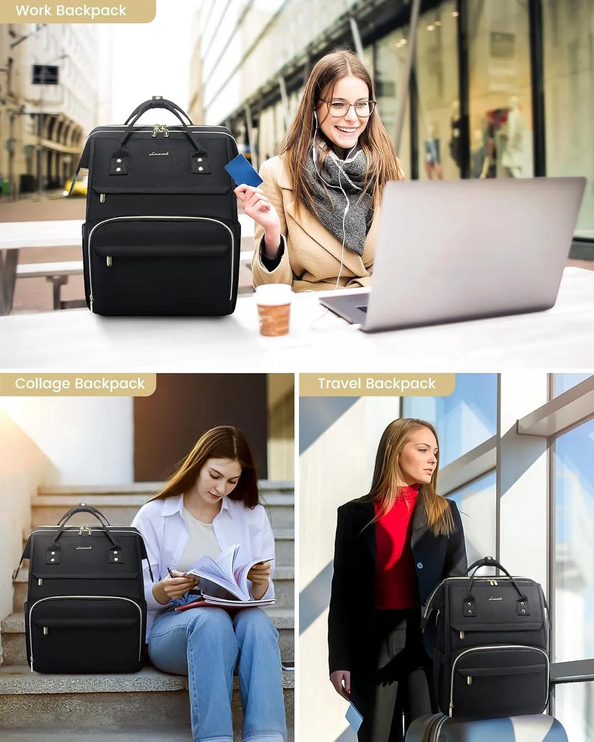 LOVEVOOK Laptop Backpack for Women, Travel with Compartment, Water Resistant Teacher Nurse Backpack, Anti-theft Back Pack Charger Work Doctor, 15.6-Inch, Black