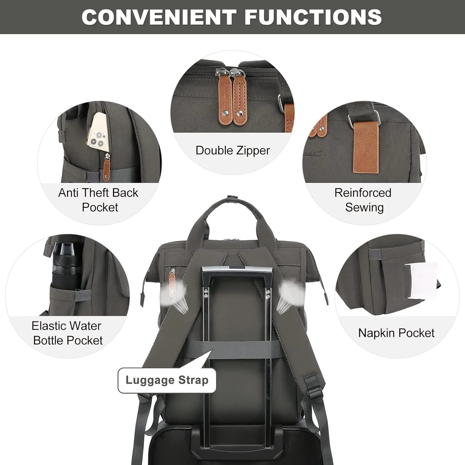 LOVEVOOK Laptop Backpack for Women Work Travel Commuter Backpack Business Computer Bag Doctor Nurse Bags College Backpack Purse, 15.6 Inch, Dark Grey-brown