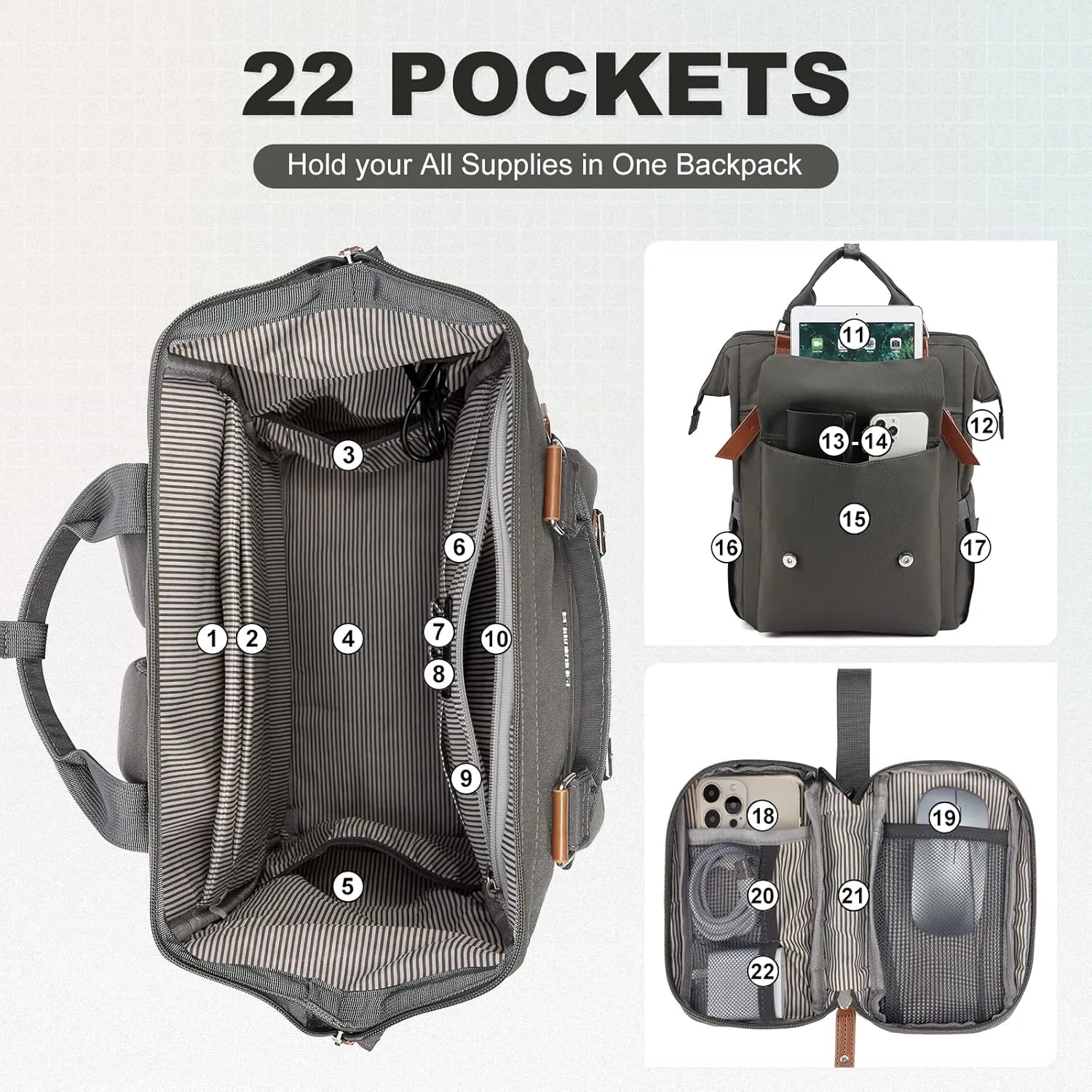 LOVEVOOK Laptop Backpack for Women Work Travel Commuter Backpack Business Computer Bag Doctor Nurse Bags College Backpack Purse, 15.6 Inch, Dark Grey-brown