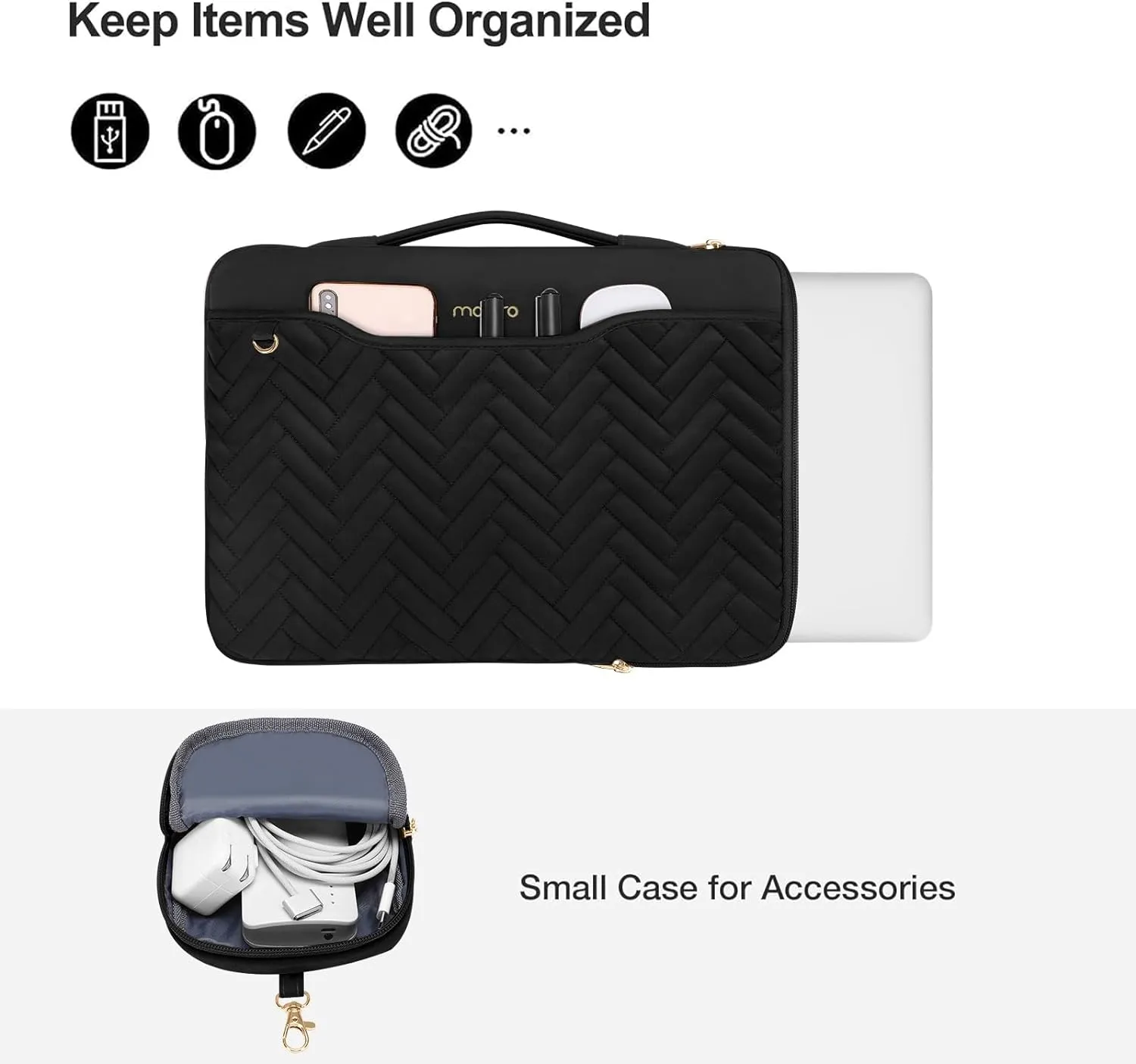MOSISO 13-14 inch 360 Protective Laptop Sleeve Compatible with MacBook Air/Pro, 13-13.3 inch Notebook, Compatible with MacBook Pro 14, Rectangle Quilted Bag with Handle&Pocket&Small Case&Belt, Black