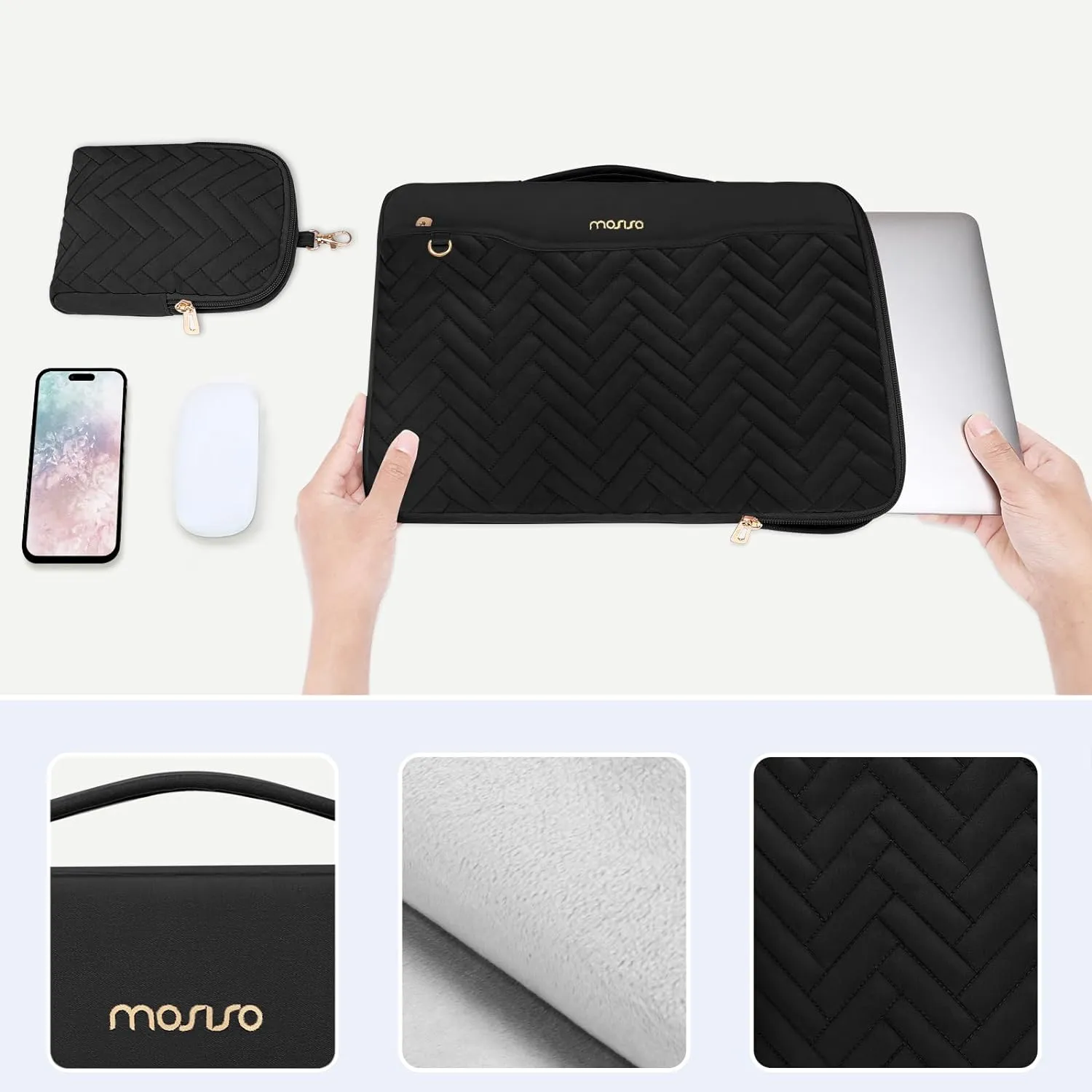 MOSISO 13-14 inch 360 Protective Laptop Sleeve Compatible with MacBook Air/Pro, 13-13.3 inch Notebook, Compatible with MacBook Pro 14, Rectangle Quilted Bag with Handle&Pocket&Small Case&Belt, Black